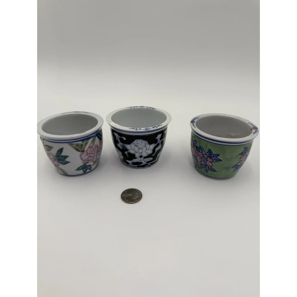 Vintage Trio‎ of Mini Chinoiserie Porcelain Planter Floral 3